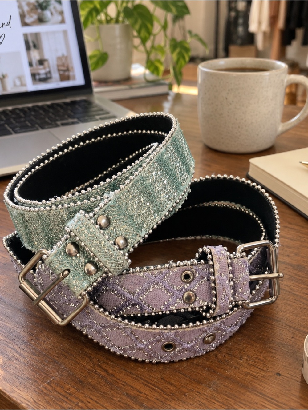 Y2K Embellished Belt Set Mint Lavender Silver Buckles